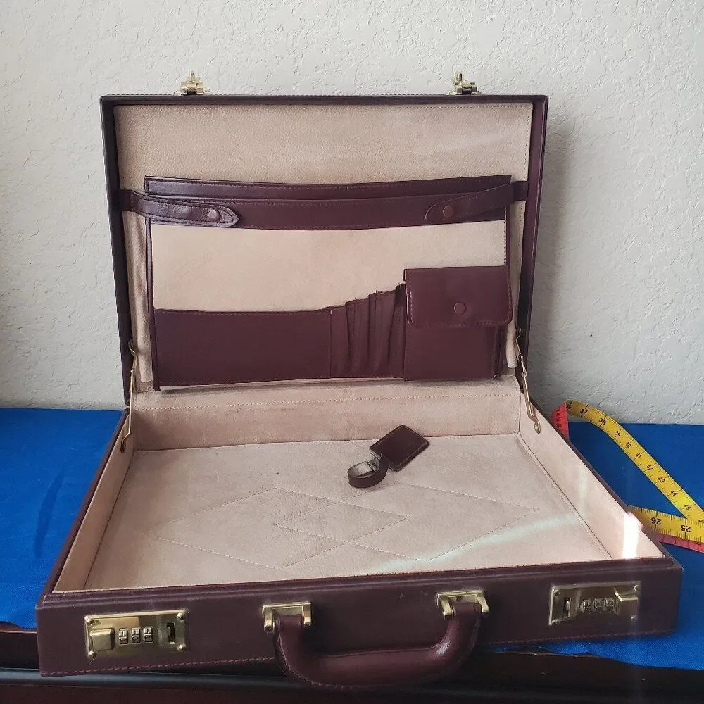 VTG Burgundy Leather Briefcase Hard Attache Case Brass Dual Combination Lock